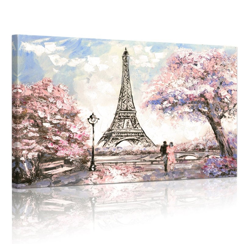 Visual Art Decor Pink Paris Canvas Wall Art Romance Couple Pink Blossoming Eiffel Tower Picture Canvas Prints Wall Art iving Room Bedroom Decoration - Image 1